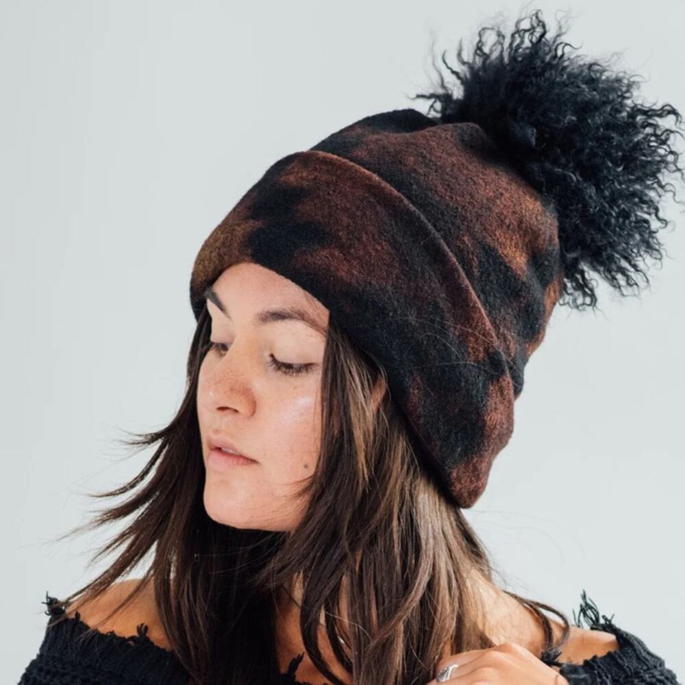 Arae Aura Wool Beanie Hat Onyx Shibori Mongolian Lamb Pom Pom Brown Black
